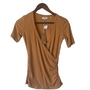 Fat Face UK Womens Brown Faux Wrap Ribbed Knit V Neck Top Short Sleeve Size 2